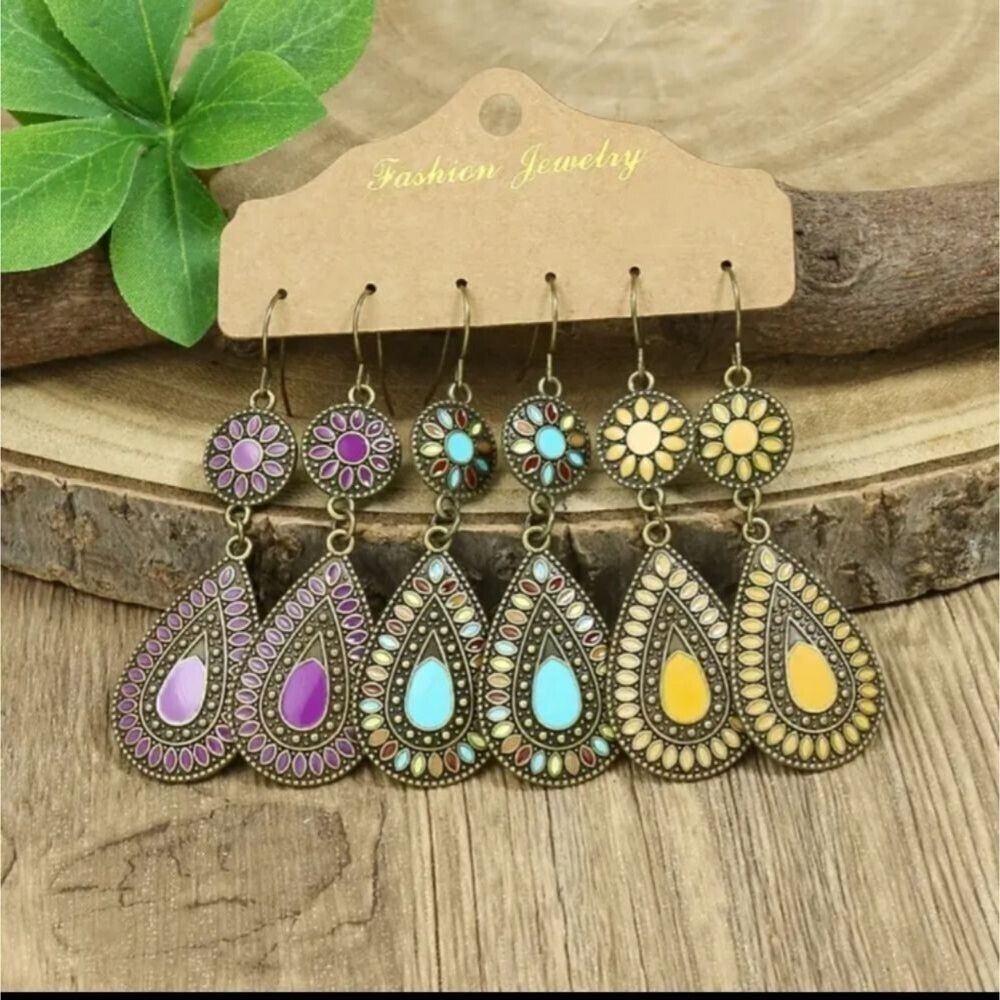 BRONZE Teardrop purple,blue, yellow earrings